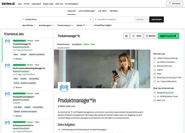 Ein Stelleninserat mit smart bewerben-Funktion in der karriere.at Jobsuche.