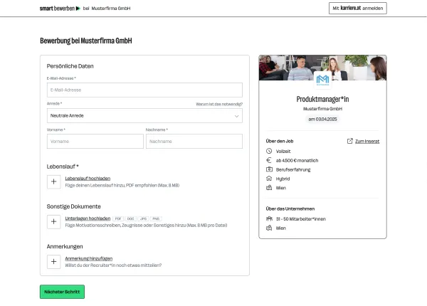 Ein Ausschnitt des smart bewerben Bewerbungsformulars.