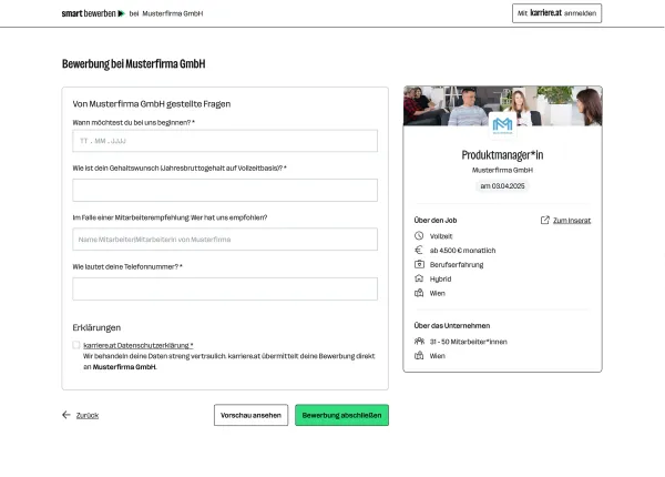 Beispiel für benutzerdefinierte Felder in einem Bewerbungsformular.