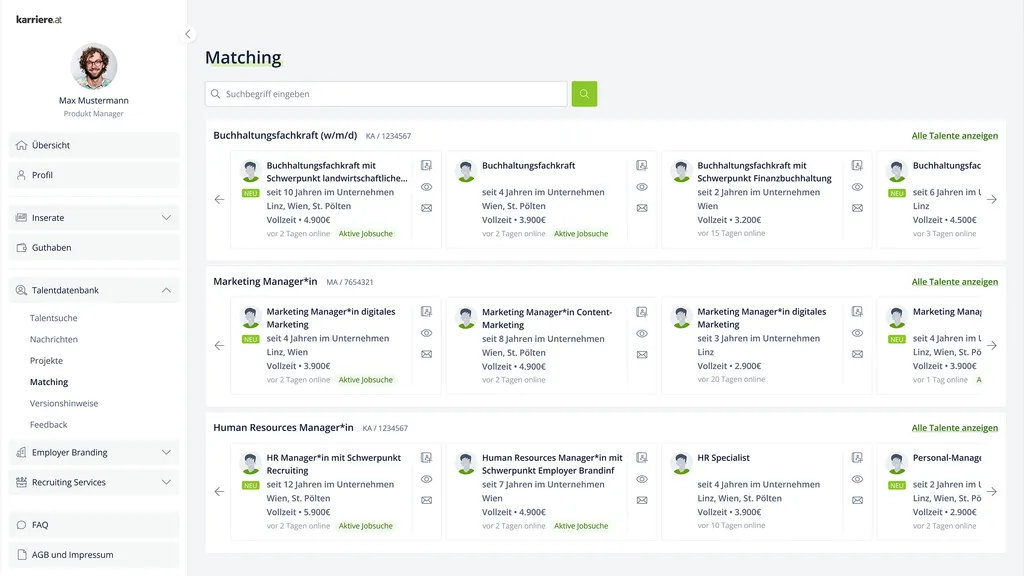 Eine Übersicht der Matches mit passenden Talenten in der Talentdatenbank.