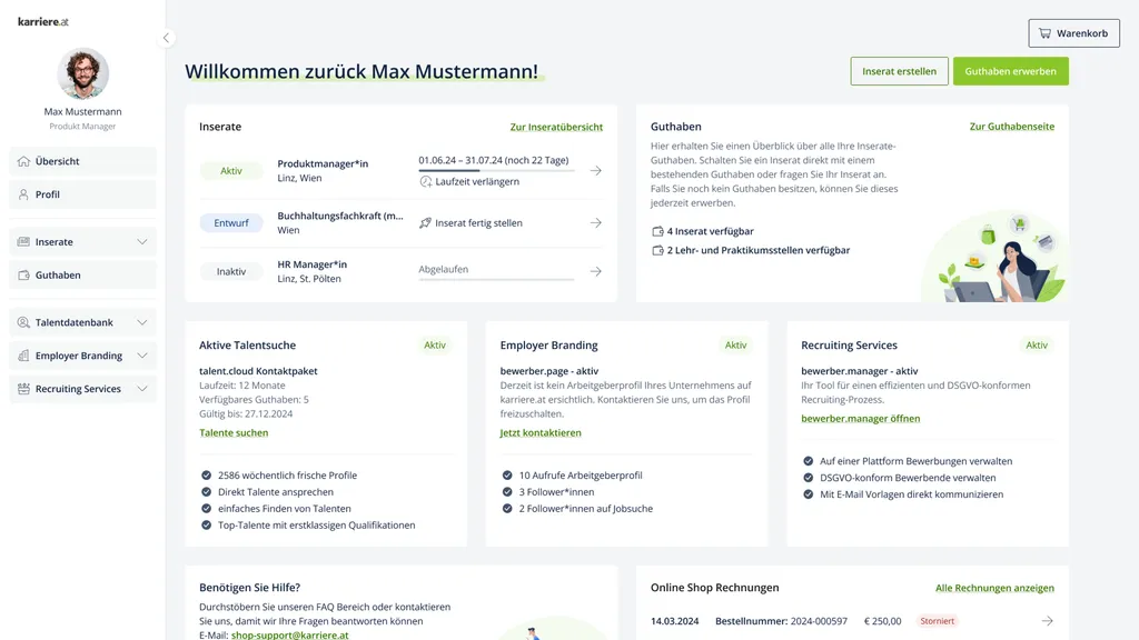 Das Dashboard im Business Portal. Eingeloggt sieht man links die Navigationspunkte Übersicht, Profil, Inserate, Guthaben, Talentdatenbank, Employer Branding und Recruiting Services.
Rechts sind die drei aktuellsten Inserate inklusive restlicher Laufzeit aufgelistet. Man sieht auch das aktuelle Guthaben und aktuelle Kontingente. Am Seitenende können Online-Shop-Rechnungen eingesehen werden und es gibt eine Kontaktmöglichkeit.