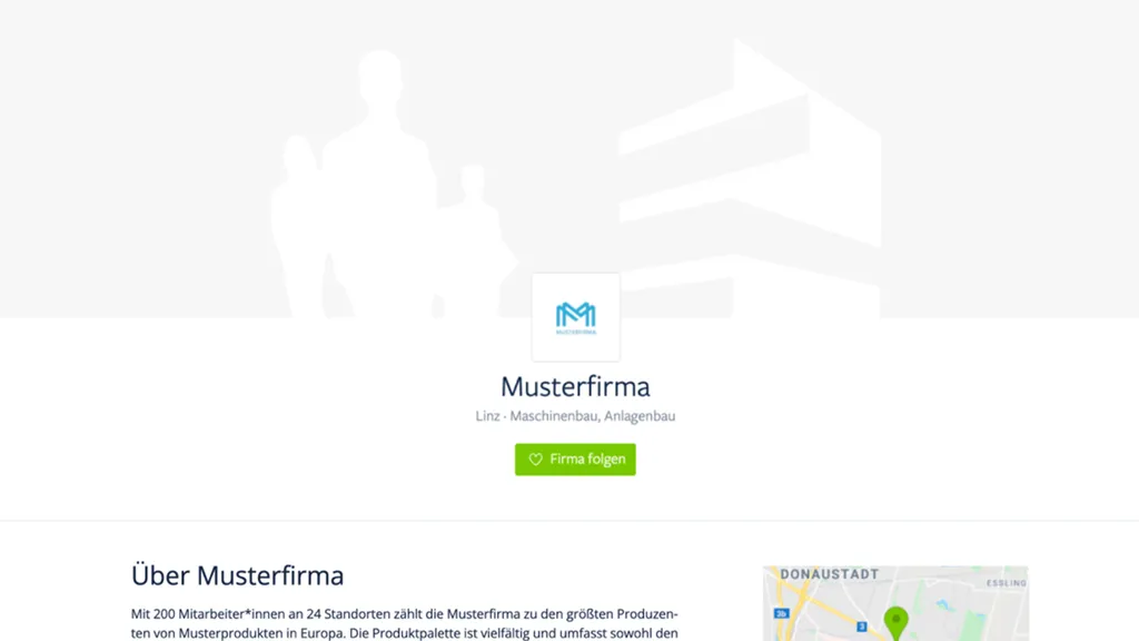 Die kostenlose employer.page am Beispiel einer Musterfirma mit einer Standorteinbindung in Landkartendarstellung.