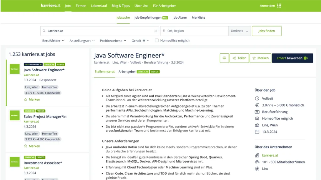 Ein Stelleninserat für "Java Software Engineer*". Der smart-bewerben-Button befindet sich am rechten Rand über einer Box mit den wichtigsten Infos.