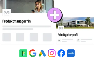 Schematische Darstellung des "Stelleninserat Pro" mit integriertem Arbeitgeberprofil - Ausspielung auf den Plattformen karriere.at, Google, Google Ads, Instagram, facebook und Jooble (Metajobbörse)
