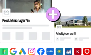 Schematische Darstellung des "Stelleninserat Boost" mit integriertem Arbeitgeberprofil - Ausspielung auf den Plattformen karriere.at, Google, Google Ads, Instagram, facebook, Jooble (Metajobbörse), Wetter.at, Finanzen.net, Kurier und Meinbezirk.at